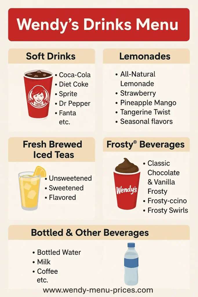 Wendy’s Drinks Menu (2025): Prices, Calories & Secret Hacks 8 Wendy's drinks menu infographic highlighting each drink category and top drinks.